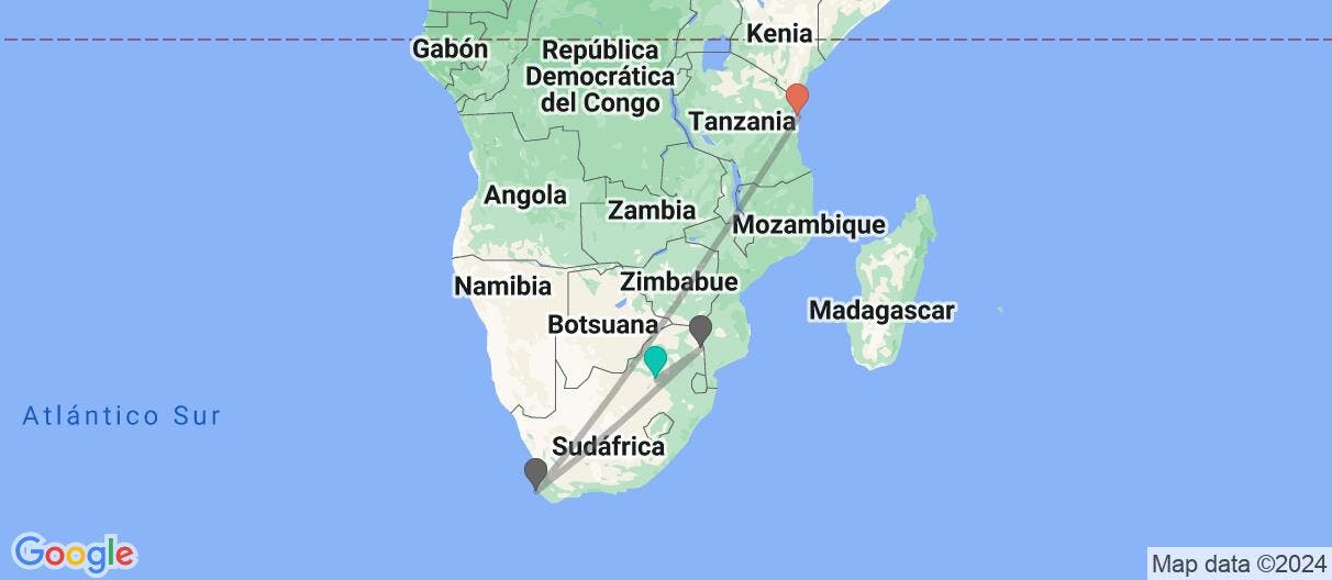 Map of Kruger, Ciudad del Cabo y Zanzíbar