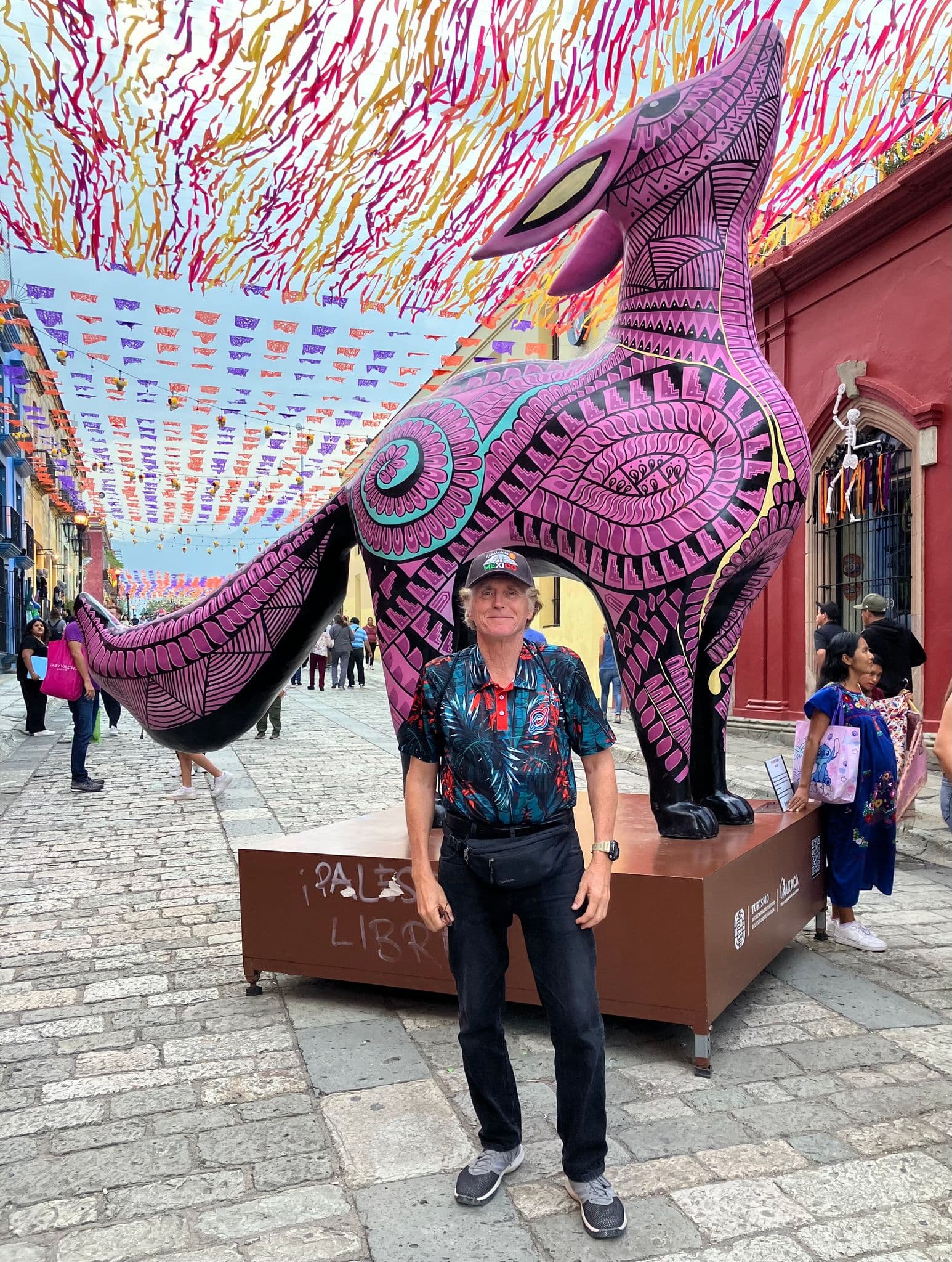 Large pink painted alebrije sculpture on a decorated cobblestone street in Oaxaca city, Mexico, with a person posing in front.