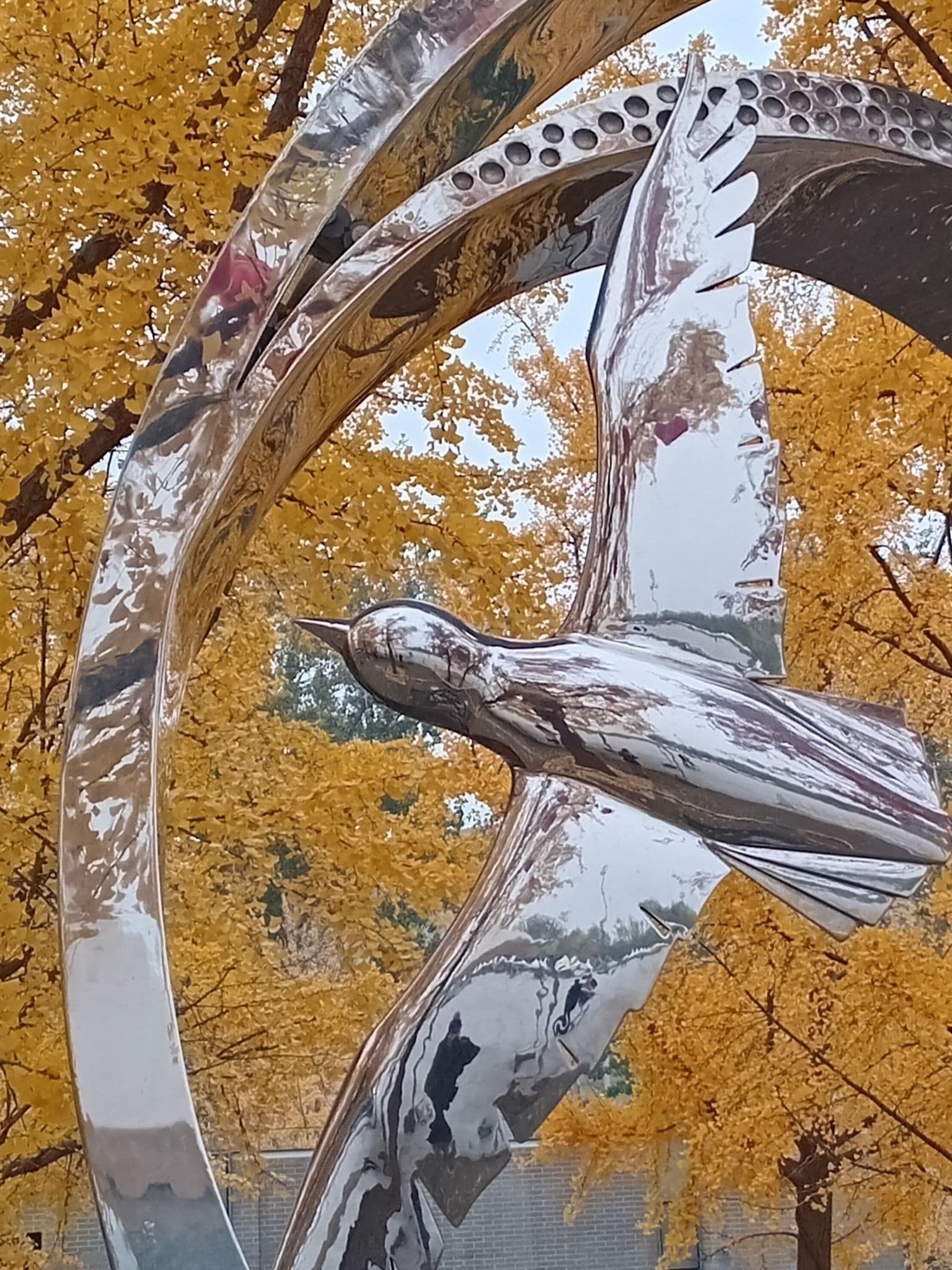 Shiny metal bird sculpture in an arch flying among golden ginkgo trees at Beijing Olympic Park, Beijing, China.