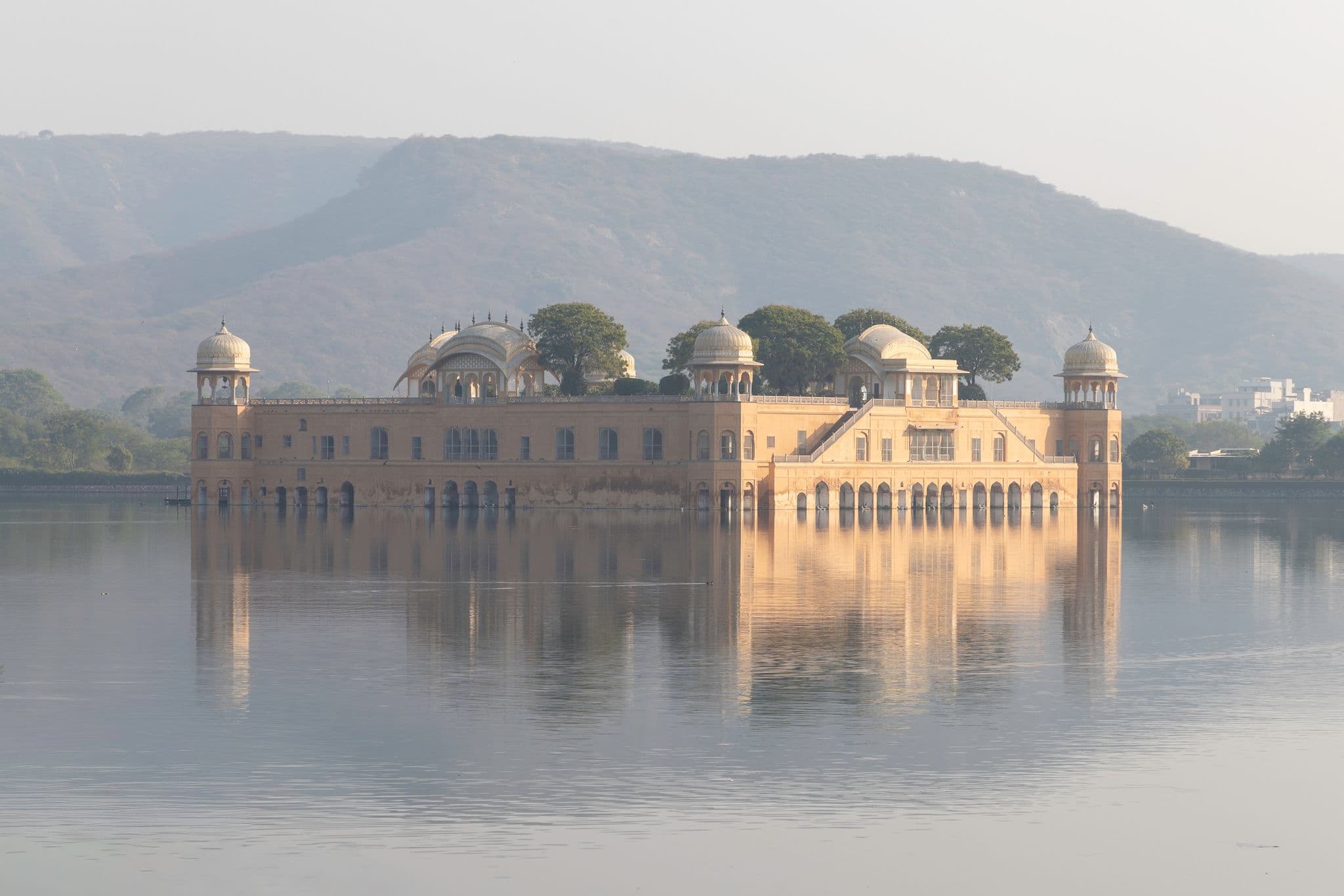 Jal Mahal (Water Palace) rising from Man Sagar Lake with its reflection, Jaipur, India.