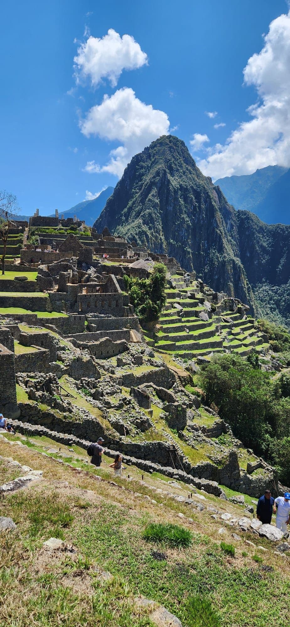 Machu Picchu ruins and terraced slopes with tourists walking the site and Huayna Picchu peak rising in the background, Cusco Region, Peru