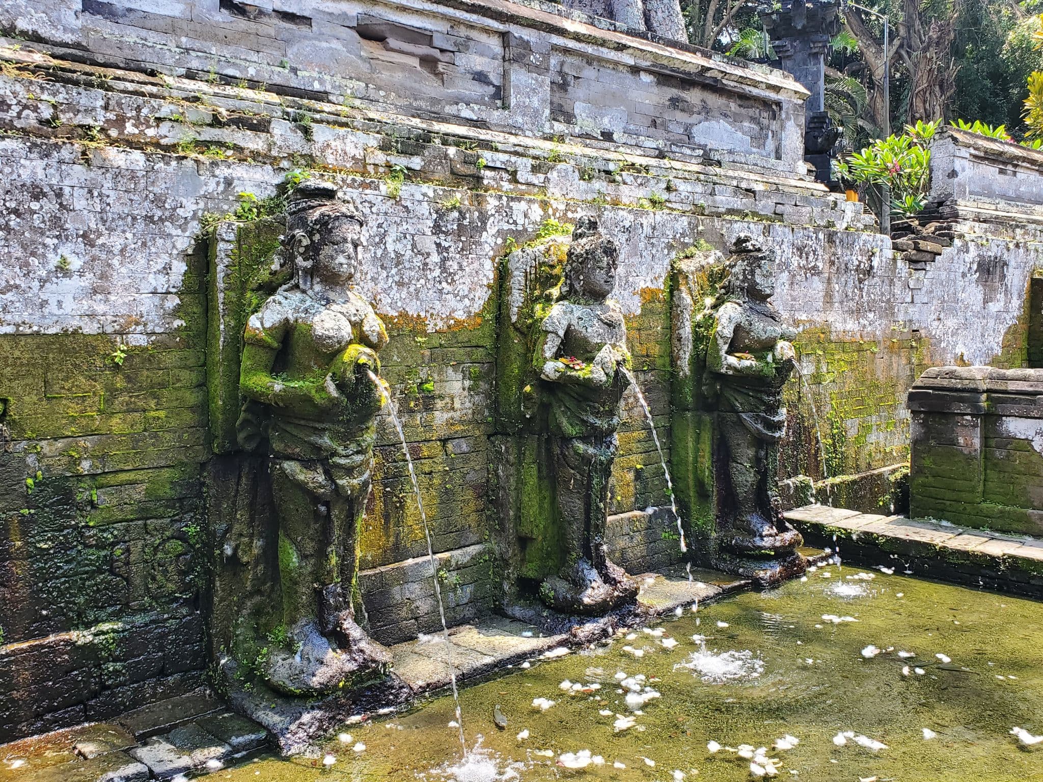 Stone fountain goddesses pouring water into a mossy bathing pool at Goa Gajah, Bali, Indonesia.