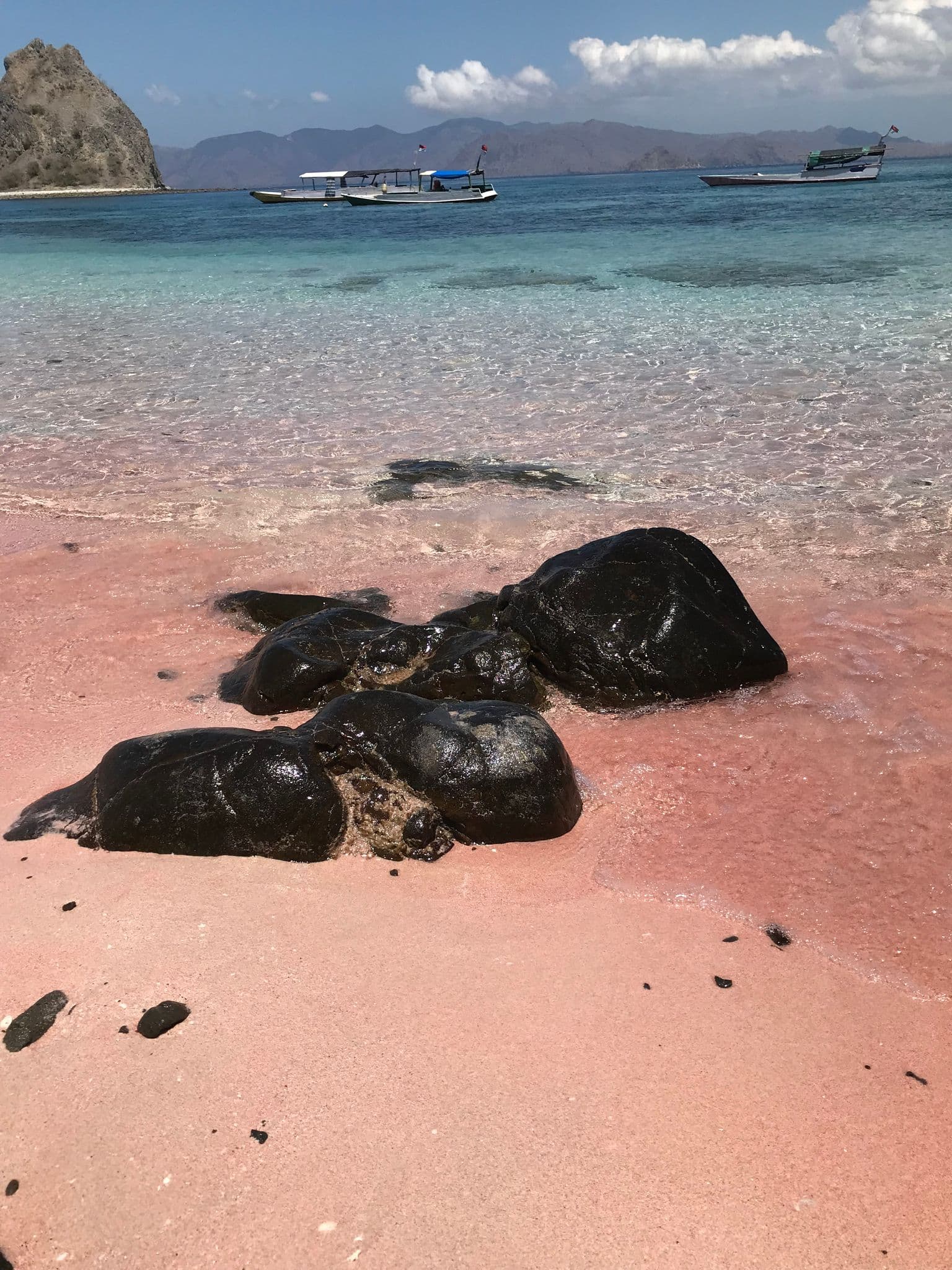 Pink sand beach with dark volcanic rocks and anchored boats at Pink Beach, Komodo National Park, Indonesia.
