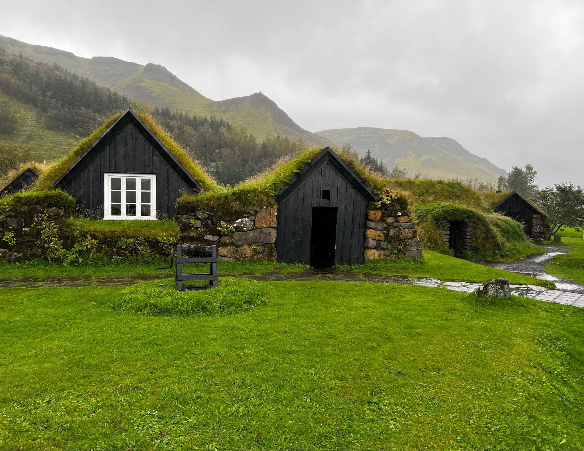 Traditional black turf-roofed houses set on a wet green lawn with misty mountains behind, Iceland.