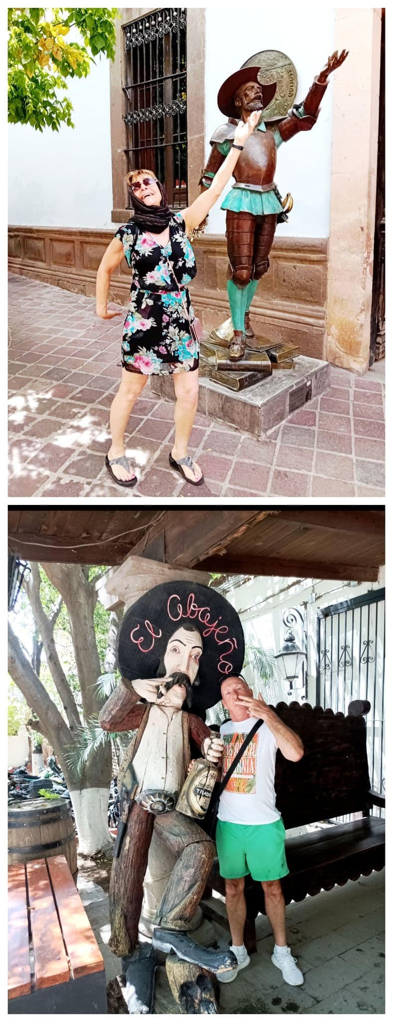 Woman and man posing with local street statues — a bronze knight and a wooden sombrero figure — in a Mexican town, Mexico.