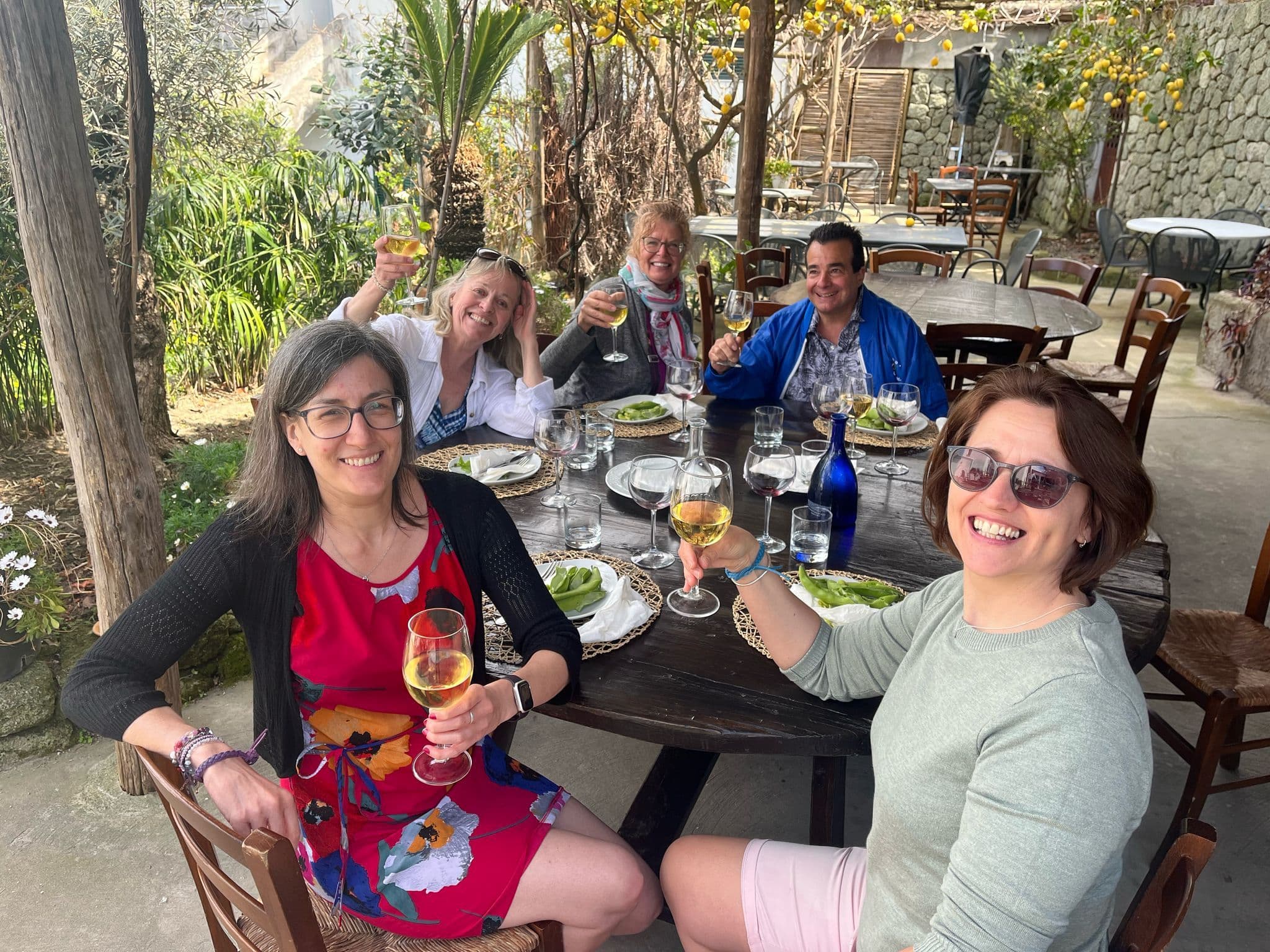 Group of friends toasting with white wine at a shaded outdoor table in Capri, Italy.