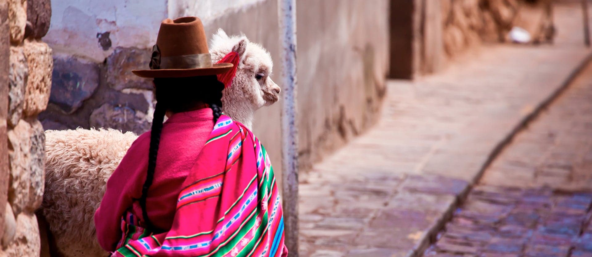 <span class="iconos separador"></span> Woman in traditional attire next to an alpaca <span class="iconos separador"></span>