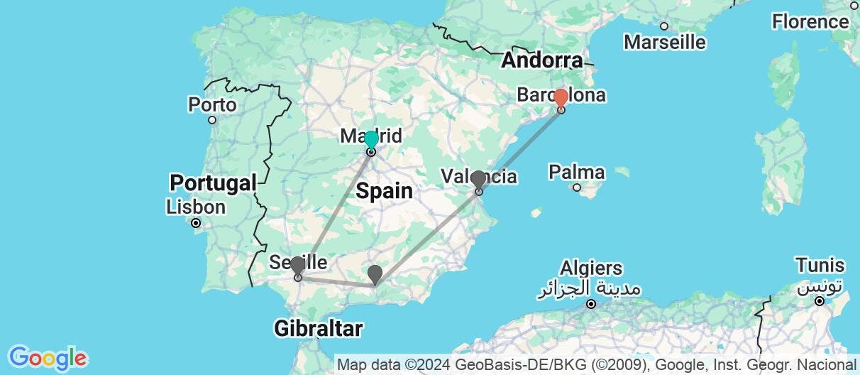 Map of Madrid, Andalusia & Barcelona