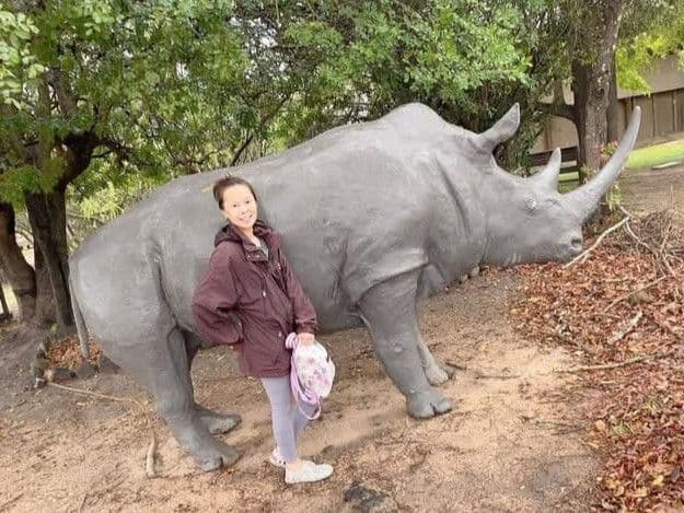 Concrete rhinoceros statue with a person standing beside it holding a hat in a tree-lined park