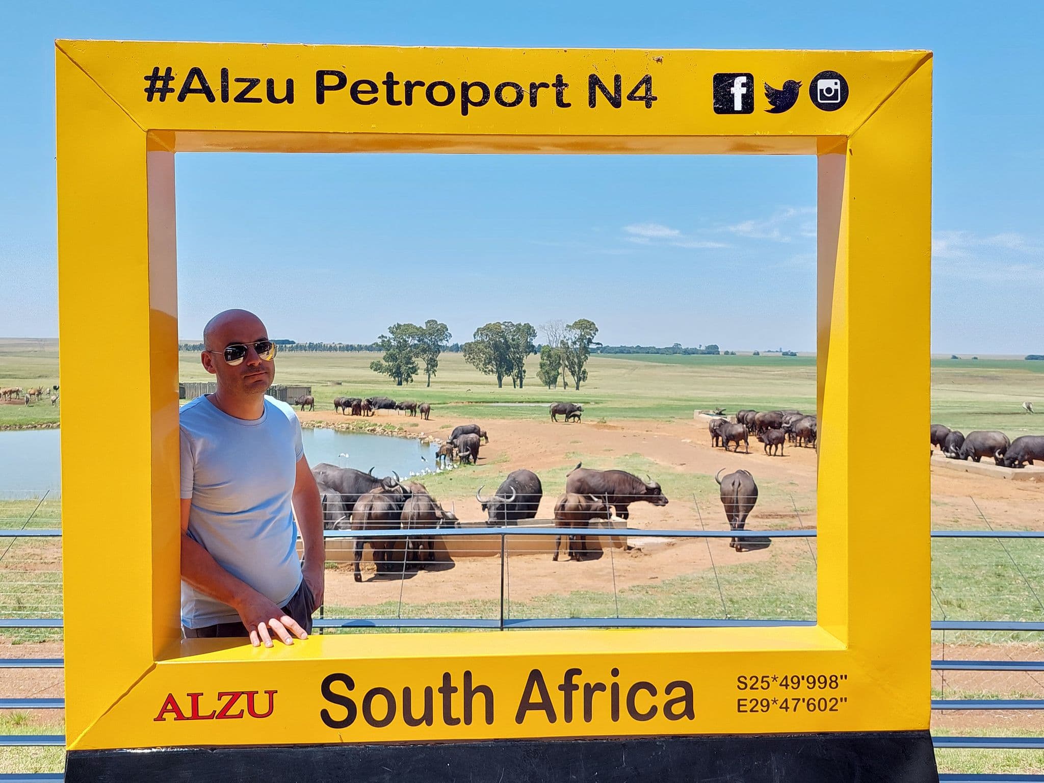 Yellow Alzu Petroport N4 frame with a man posing and buffalo grazing at a waterhole on the South African plains, South Africa.