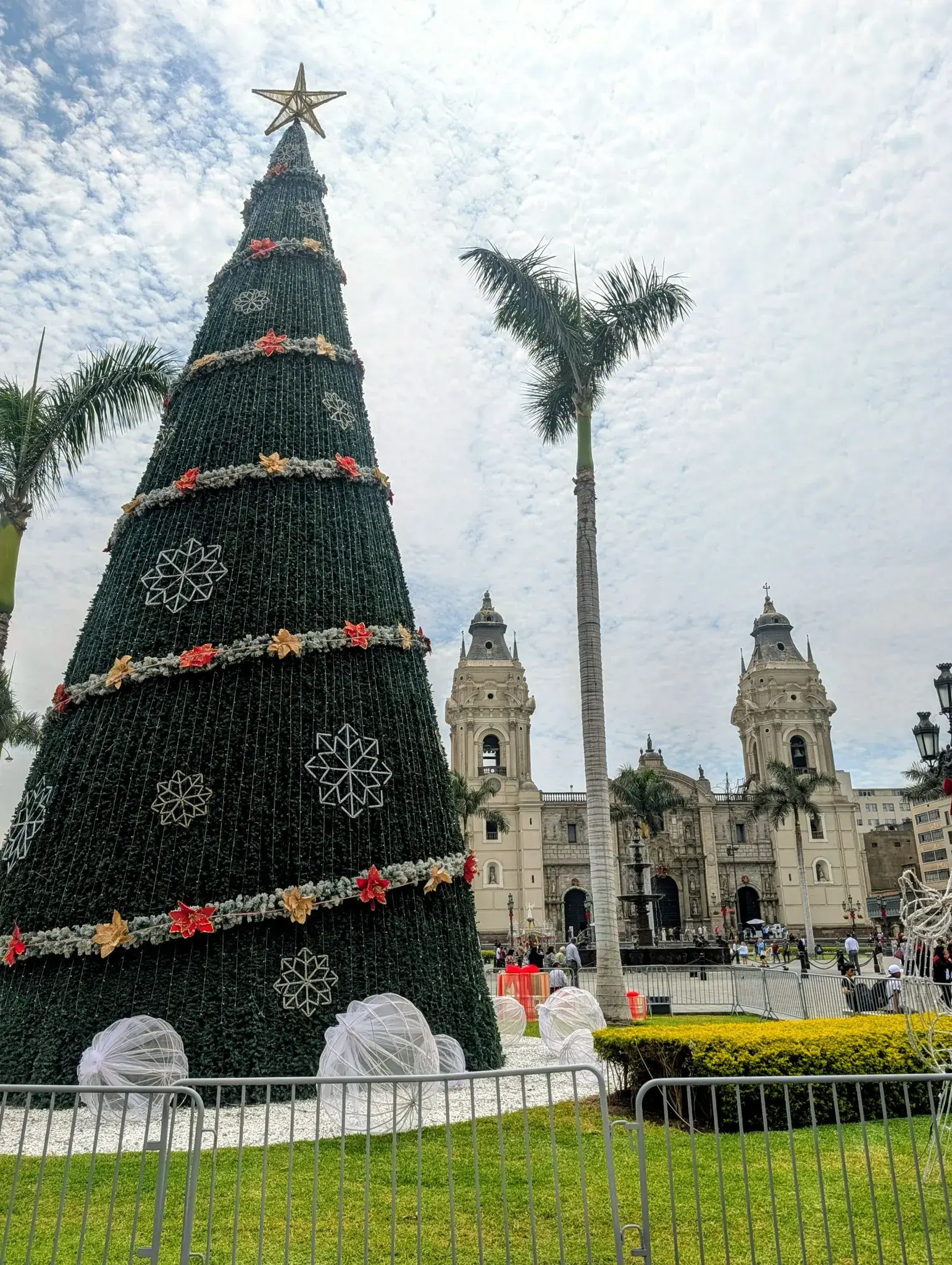 Large decorated Christmas tree standing in Plaza Mayor with Lima Cathedral, palm trees, and visitors in Lima, Peru