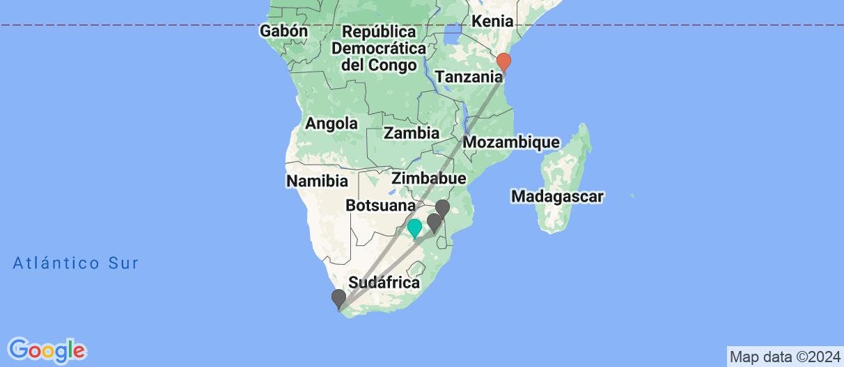 Map of Kruger, Ciudad del Cabo y Zanzíbar