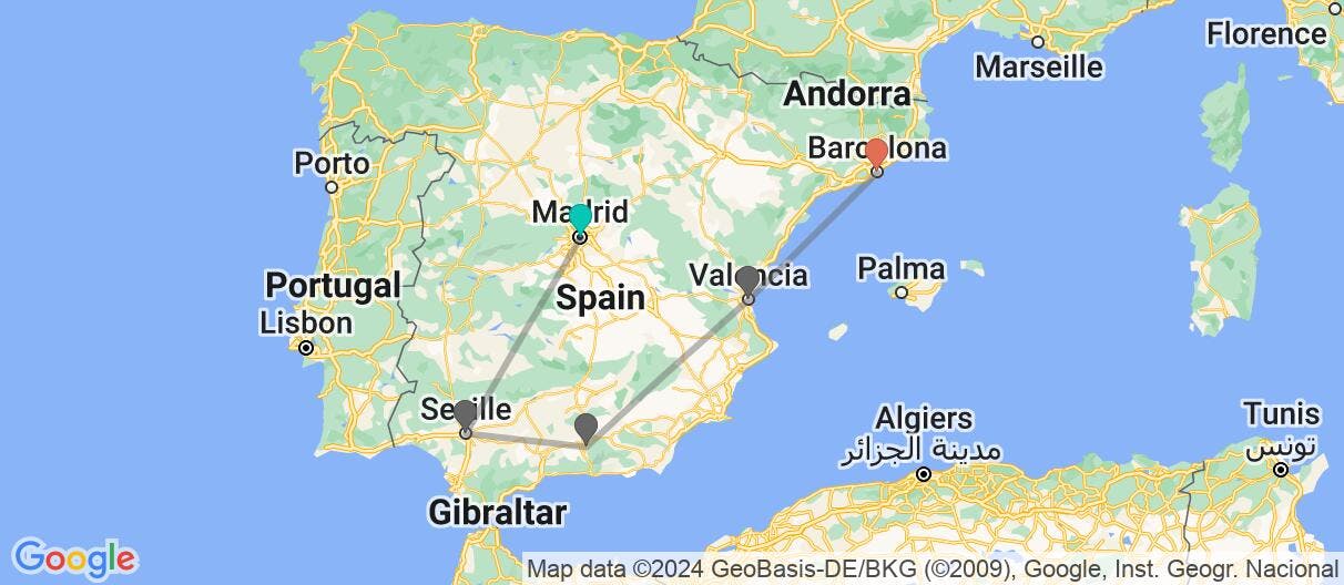Map of Madrid, Andalusia & Barcelona