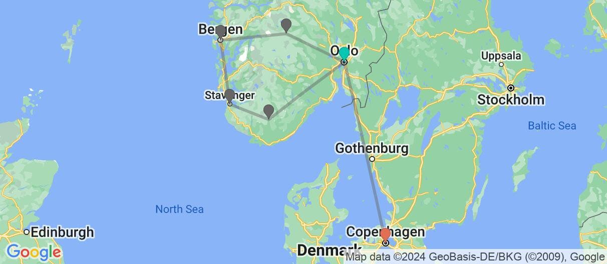 Map of Fjords, Railway Ride & Copenhagen's Canals