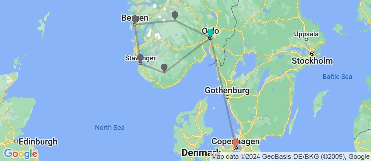Map of Fjords, Railway Ride & Copenhagen's Canals