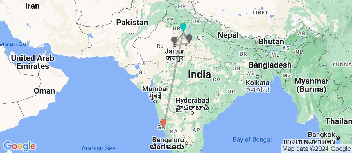 Map of Mystical cities, Taj Mahal & Goa