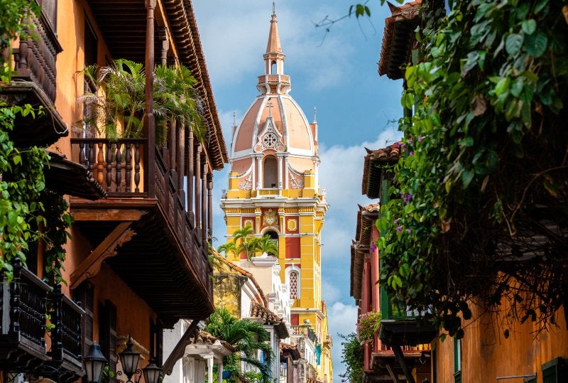 colorful street of cartagena de indias old town, colombia