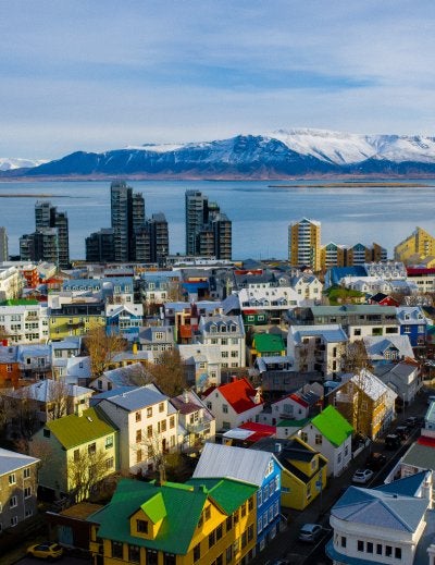 Aerial view of colorful buildings in Reykjavik Iceland.