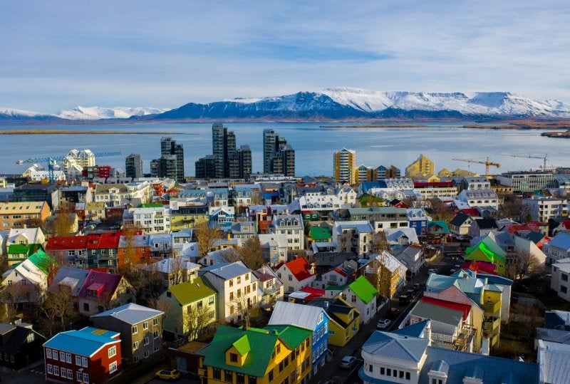 Aerial view of colorful buildings in Reykjavik Iceland.