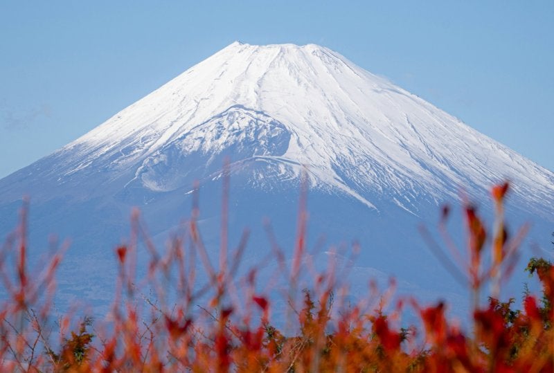 Snow-capped Mt. Fuji above vibrant red and gold autumn leaves