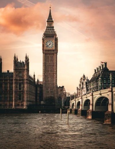Big Ben at sunset with London skyline and Westminster Bridge