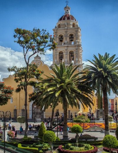 A vibrant Mexican plaza featuring a historic yellow church tower surrounded by lush palm trees and traditional colonial architecture