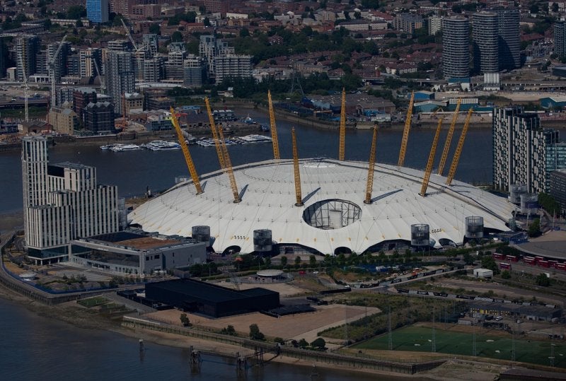 The O2 Arena London aerial view with Thames River and cityscape