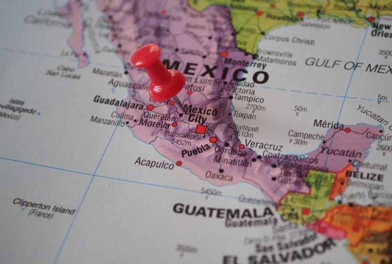 A detailed map of Mexico marked with a red push pin