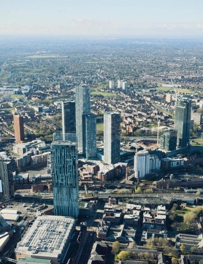 Manchester skyline aerial view with modern towers and city center