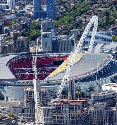 Wembley Stadium aerial view with iconic arch and football pitch