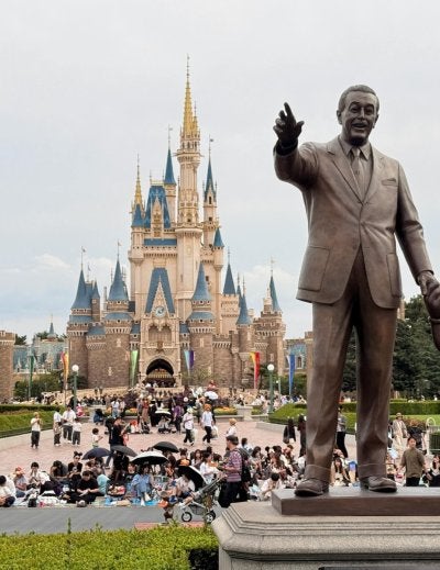 Statue of Walt Disney and Mickey Mouse in front of Cinderella Castle, Tokyo Disneyland.