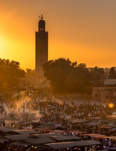 Jamaa el Fna market square with Koutoubia mosque, Marrakesh, Morocco, north Africa