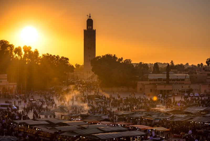 Jamaa el Fna market square with Koutoubia mosque, Marrakesh, Morocco, north Africa