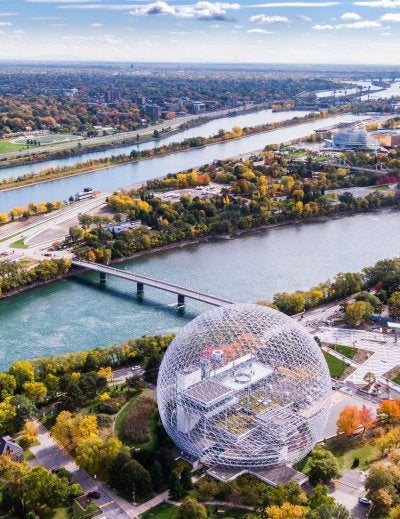 Aerial view of Montreal showing the Biosphere Environment Museum and Saint Lawrence River in fall season in Quebec, Canada.