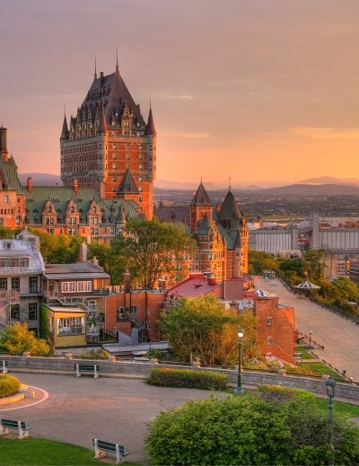 Frontenac Castle in Old Quebec City in the beautiful sunrise lig