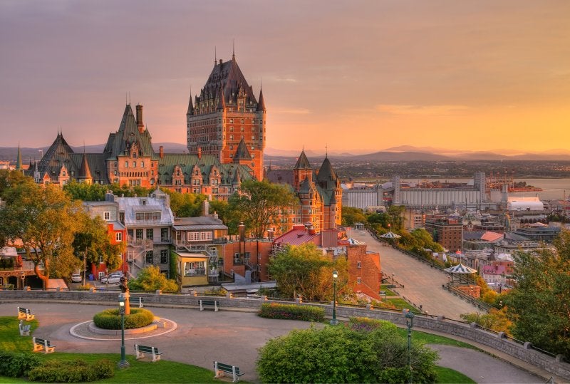 Frontenac Castle in Old Quebec City in the beautiful sunrise lig