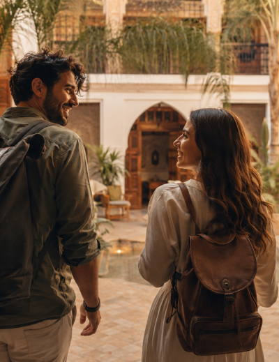 Couple entering a sunlit courtyard