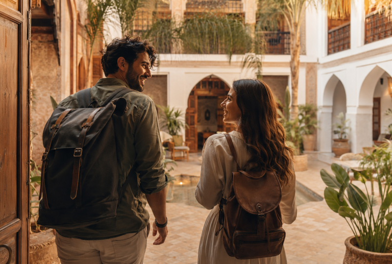 Couple entering a sunlit courtyard