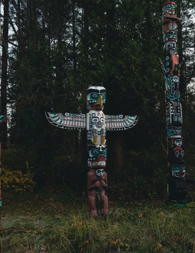 group of totem poles standing in the forest