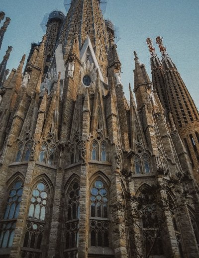Panoramic sunset view of the Barcelona skyline and Sagrada Família