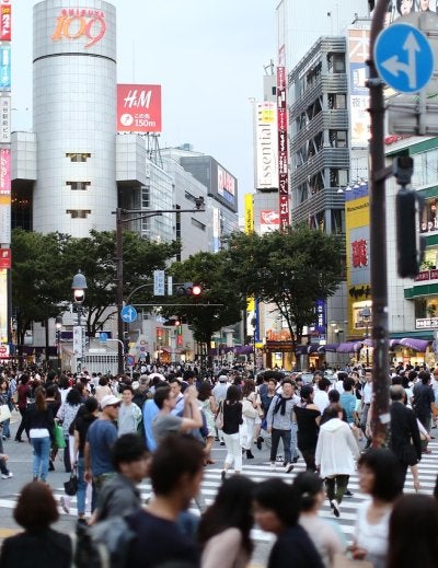 The Shibuya Scramble Crossing at night in Tokyo