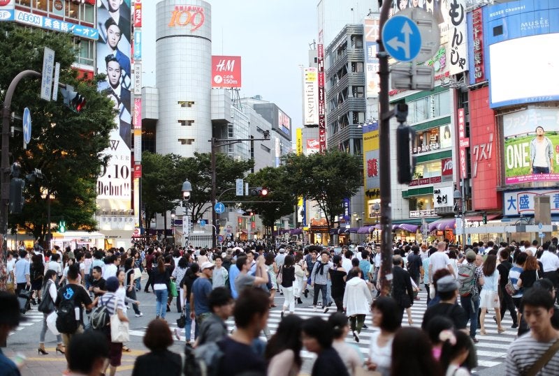 The Shibuya Scramble Crossing at night in Tokyo