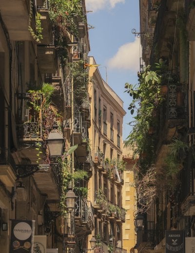 Charming narrow stone street in the Gothic Quarter of Barcelona