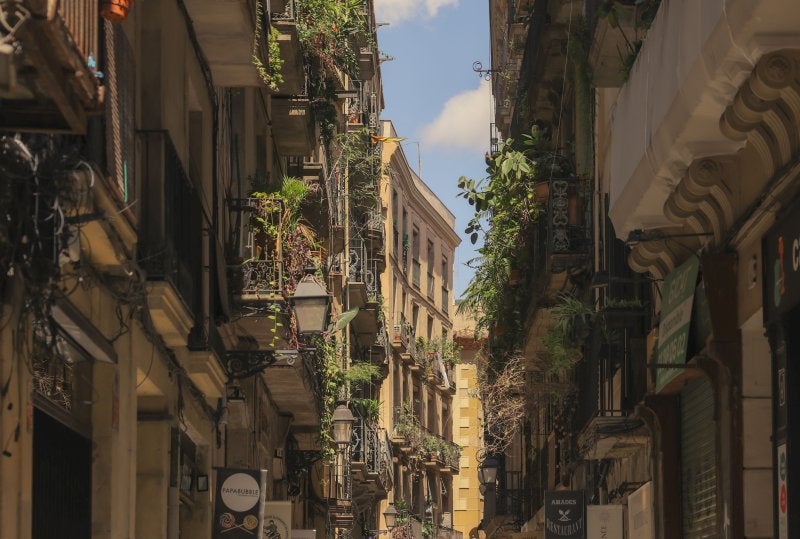 Charming narrow stone street in the Gothic Quarter of Barcelona