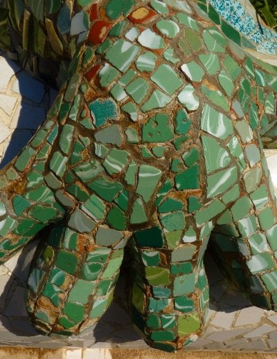 Colorful trencadís mosaic on the serpentine bench at Park Güell