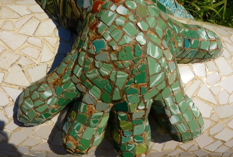 Colorful trencadís mosaic on the serpentine bench at Park Güell