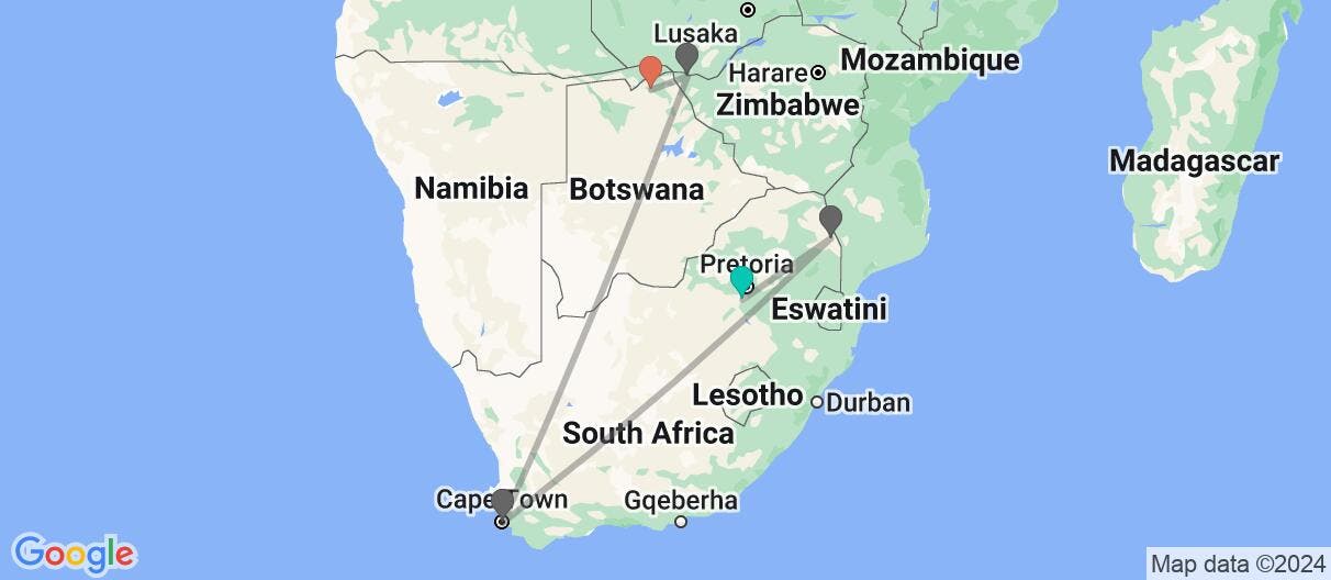 Map of Cape, Kruger, Victoria Falls & Chobe N.P.